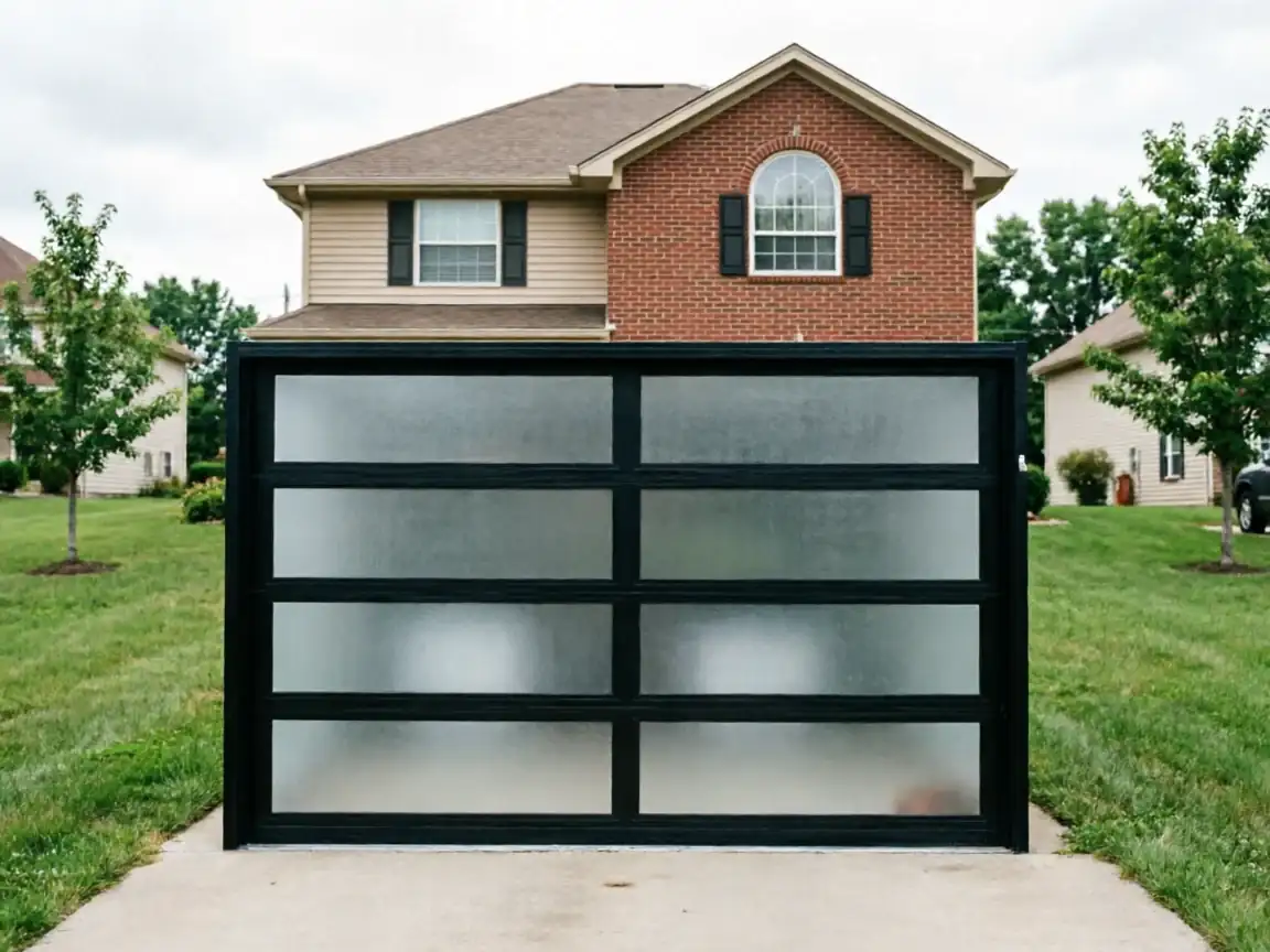 A black garage door with frosted glass panels stands in front of a brick house.