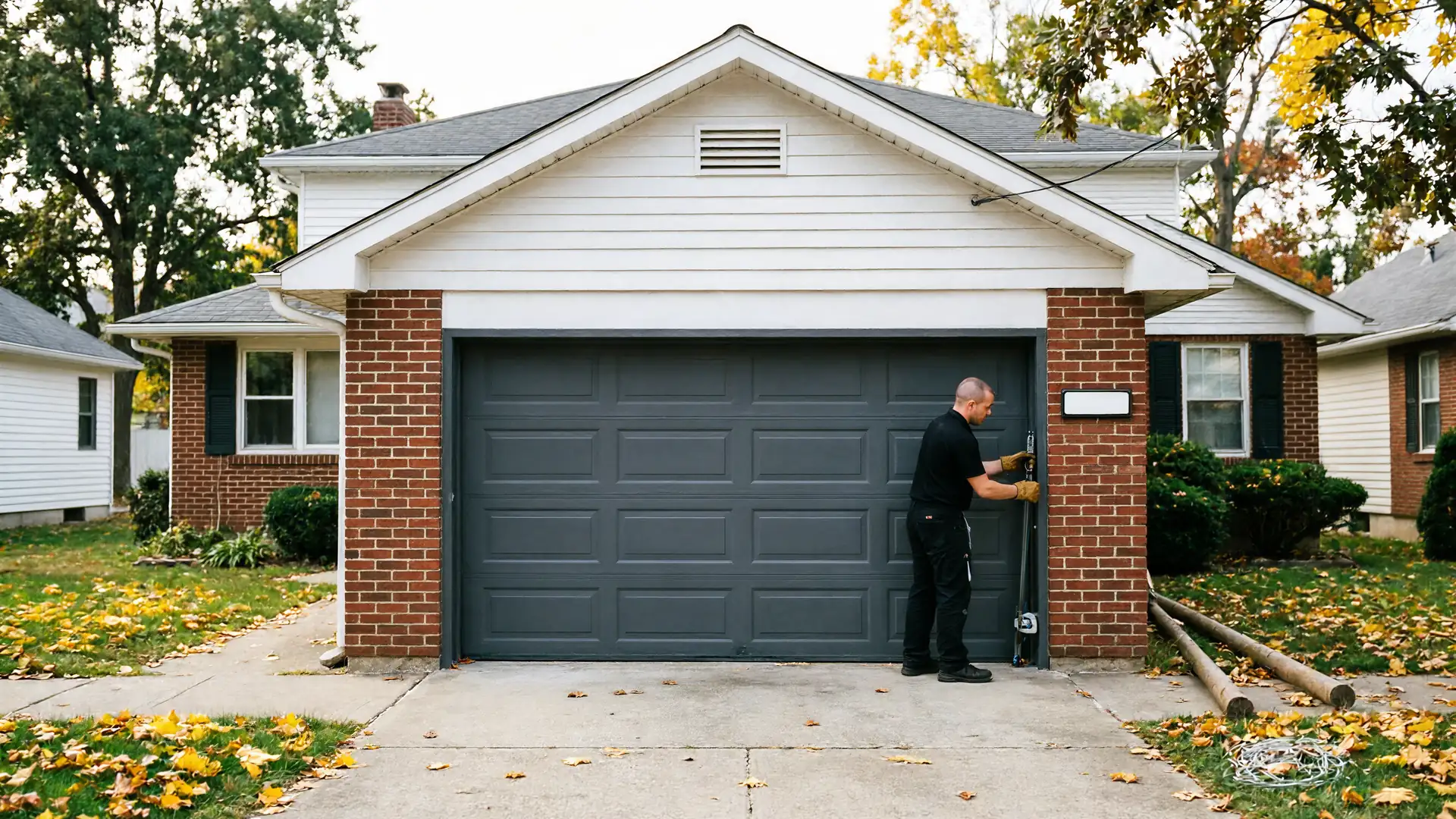 A technician in work gloves is installing a dark gray garage door on a brick house.