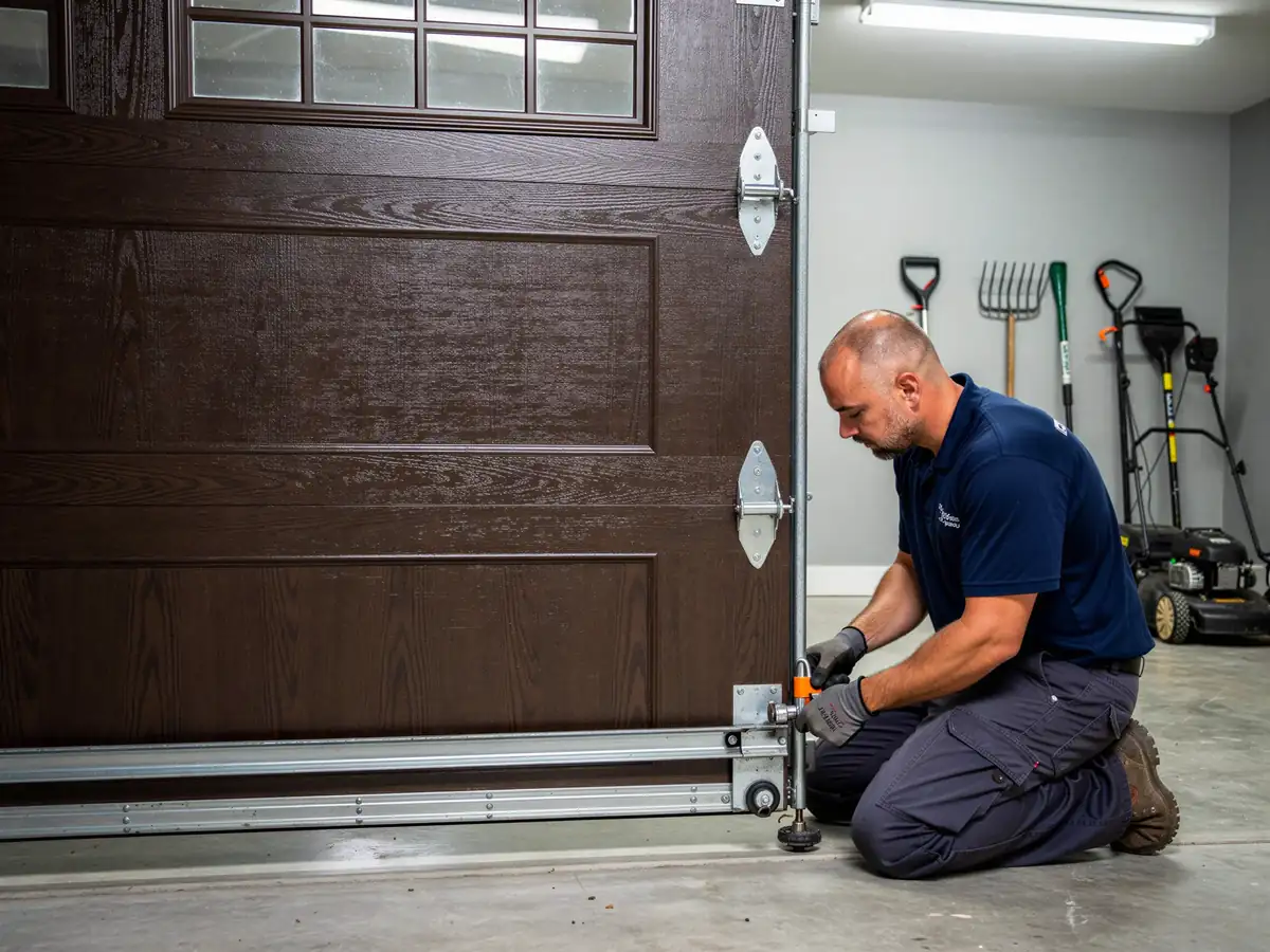 A technician kneels to adjust the bottom roller of a brown garage door.