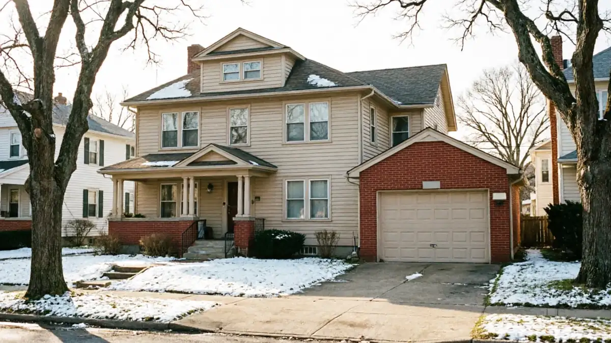 A beige house with a brick garage and a beige garage door in winter.