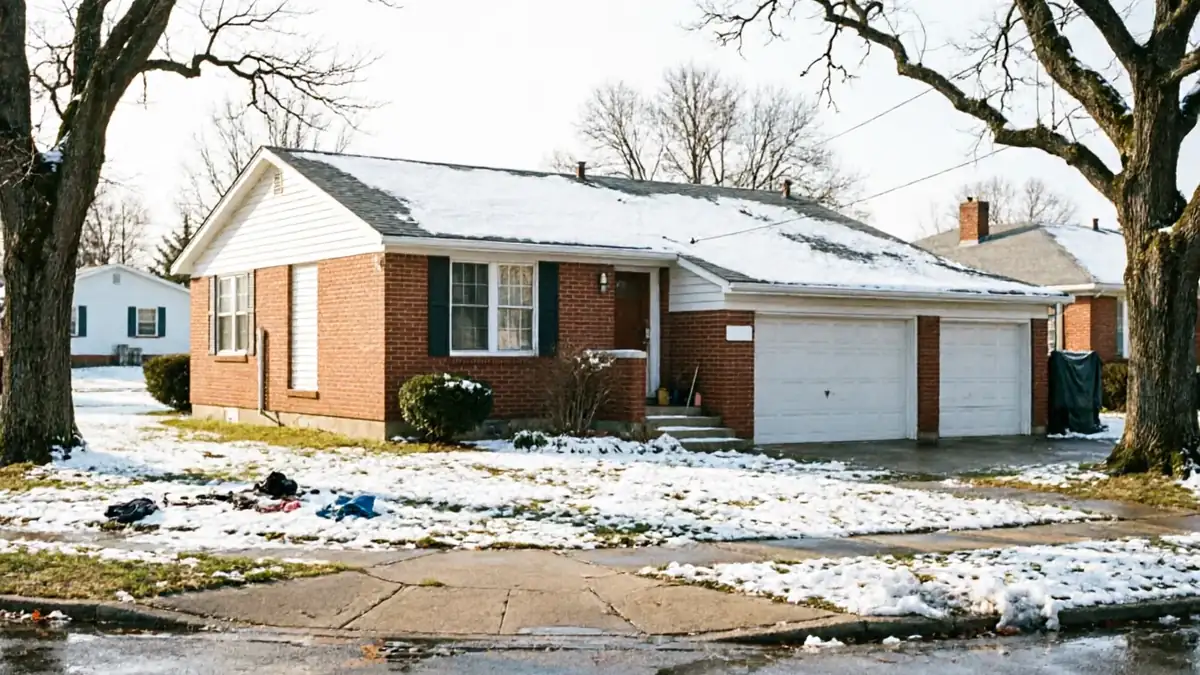A brick house with two white garage doors and a snow-covered roof.