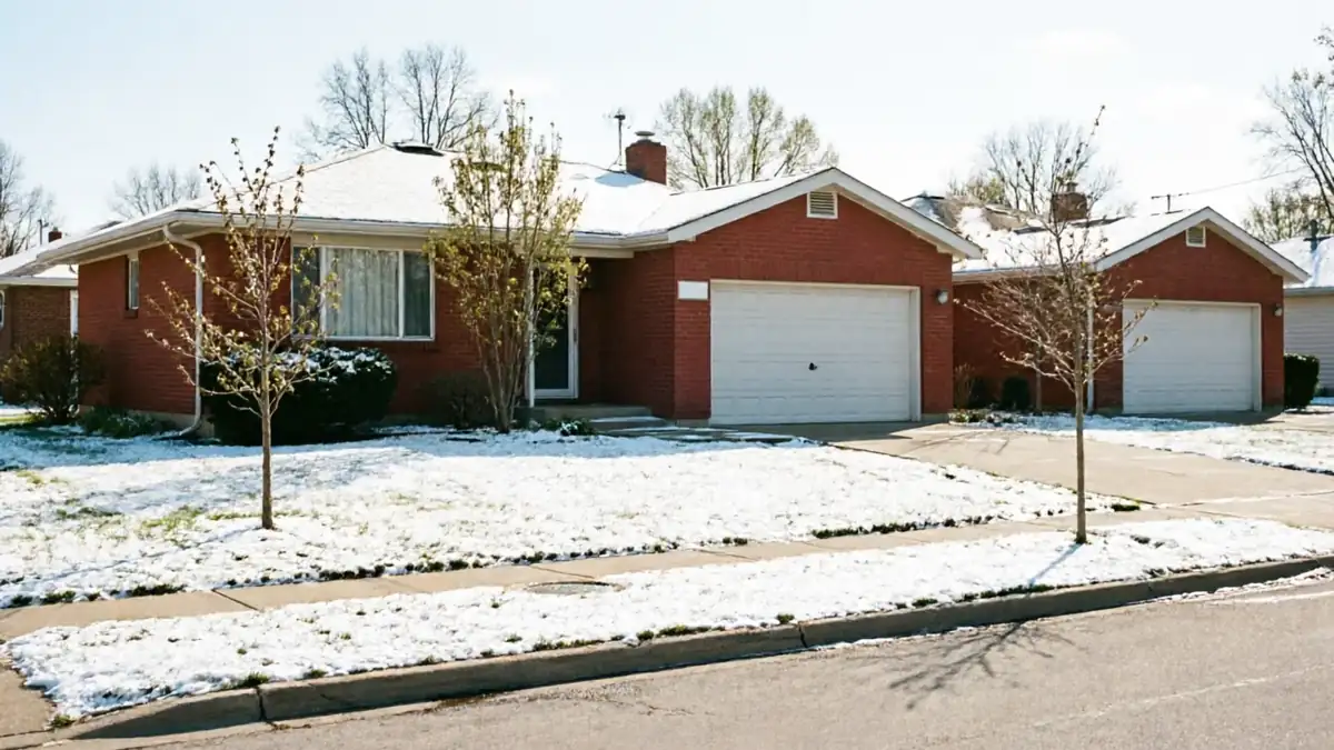Two red brick houses with white garage doors and snow-covered roofs and lawns.