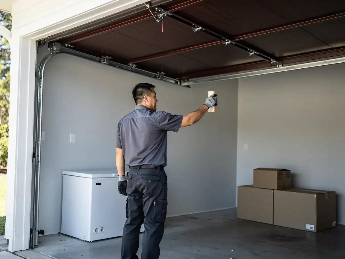 A technician in a gray uniform holds a phone up to an open garage door.