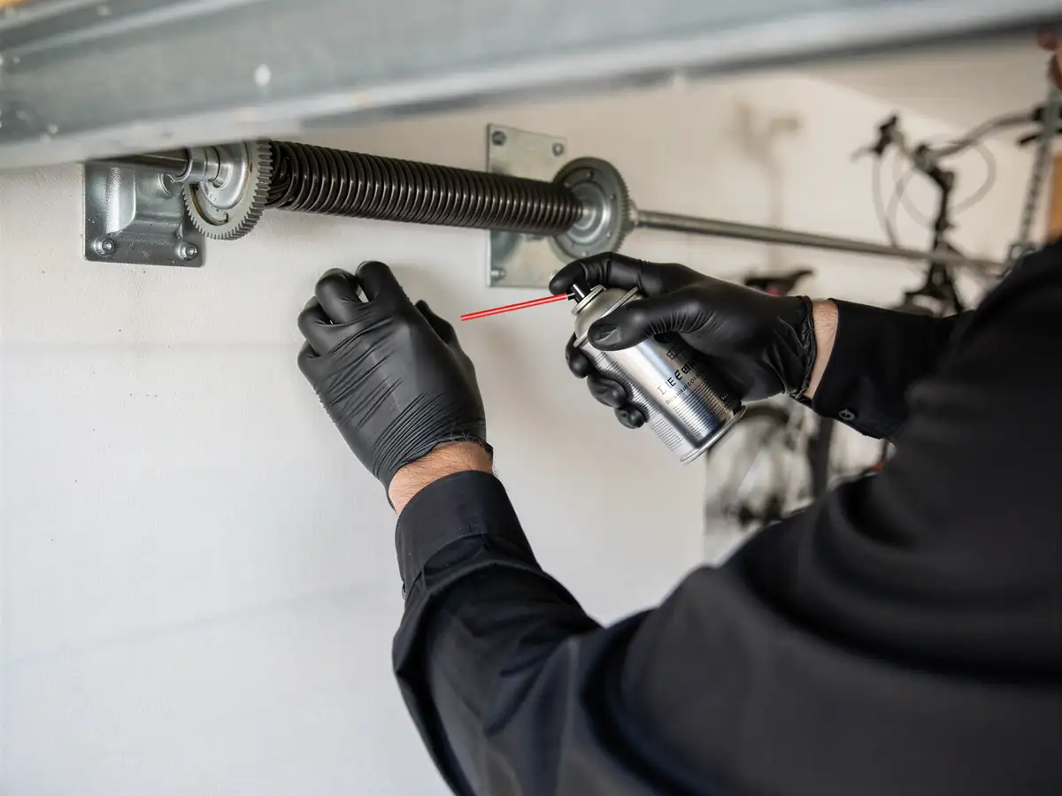 A technician in black gloves sprays lubricant on a garage door torsion spring.