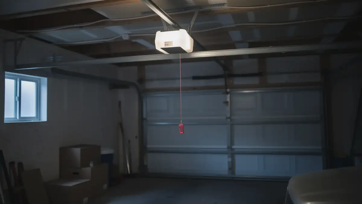 A garage door opener with a red emergency release cord hangs above a closed garage door.